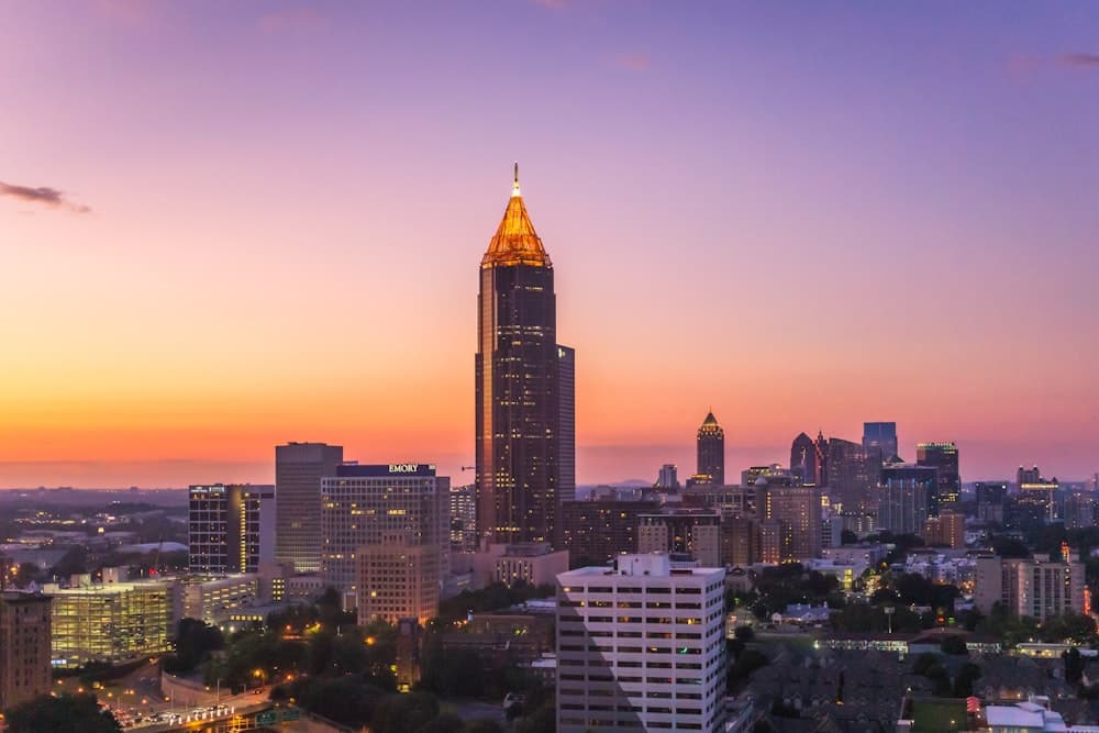 The Atlanta, Georgia skyline at sunset, Bank of America Plaza centered.