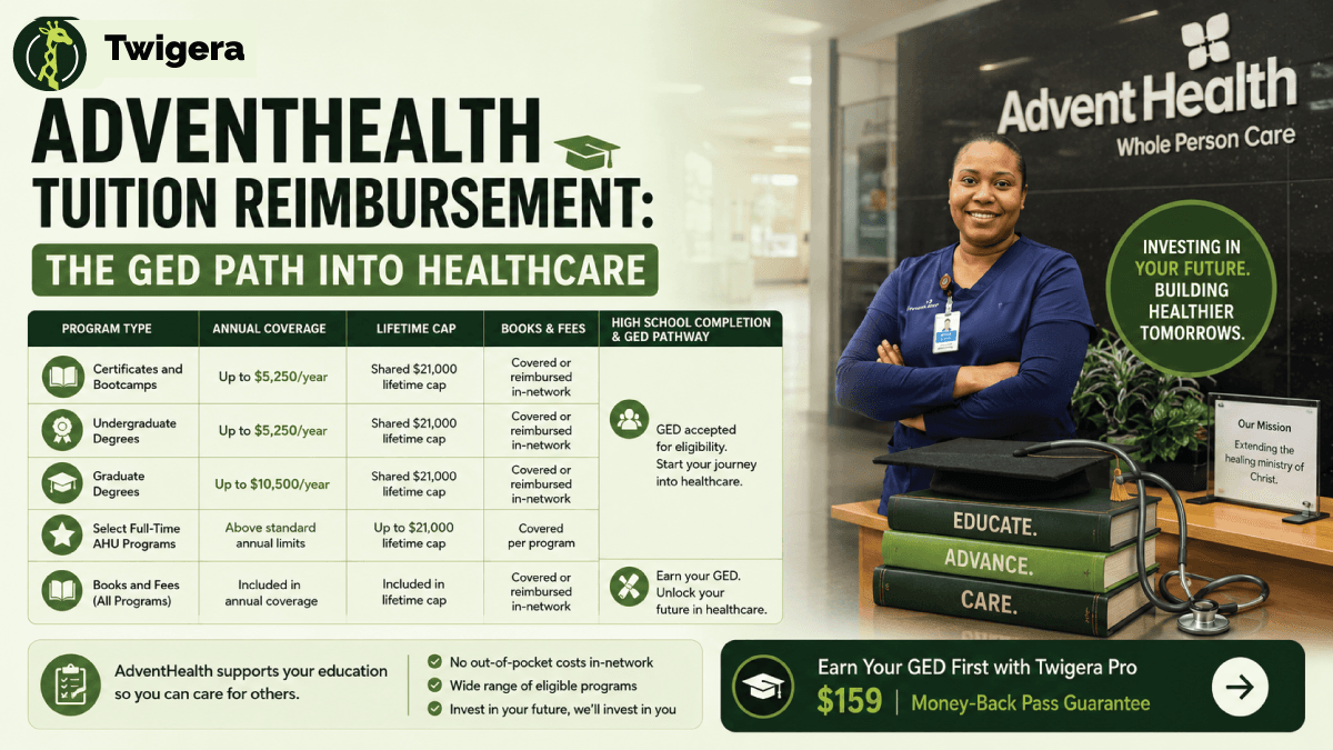 AdventHealth tuition reimbursement explained — Twigera infographic on the Guild-funded GED pathway, $5,250 annual and $21,000 lifetime caps, and the six-month eligibility rule.