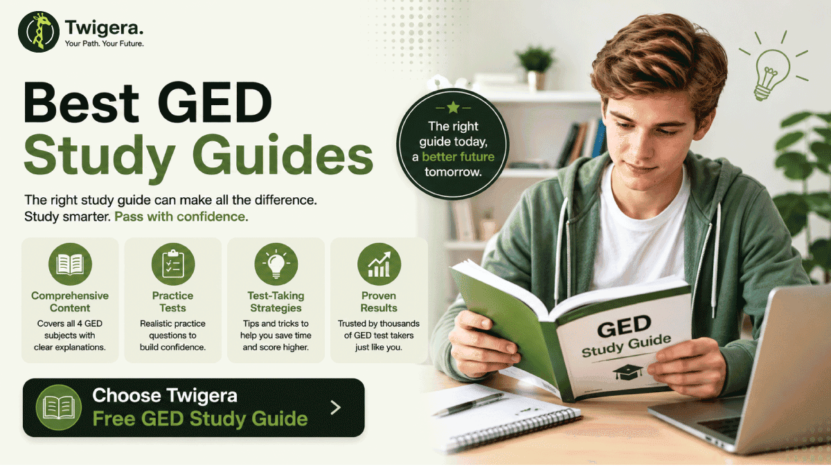Best GED Study Guides 2026 — Twigera comparison graphic showing free vs paid options with official GED PDFs, Kaplan, McGraw-Hill, and Twigera labeled Free and Paid Options Compared.