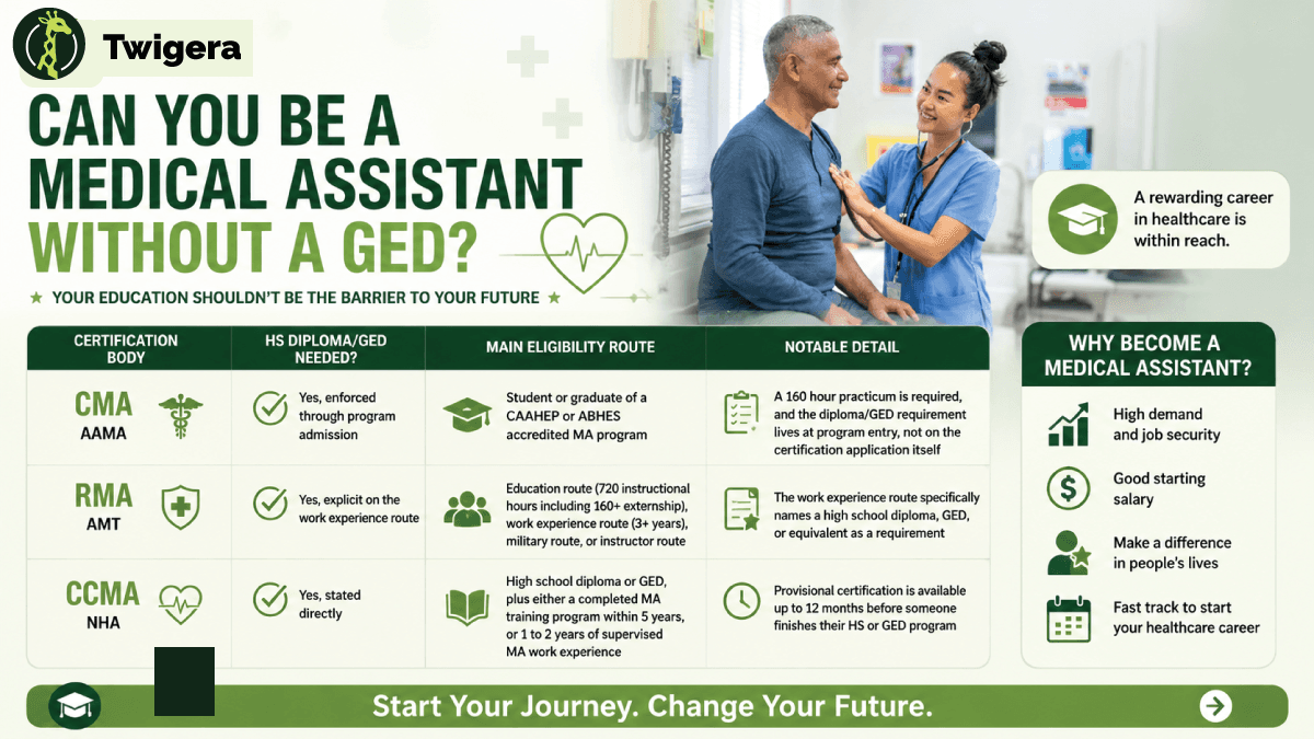 Can you be a medical assistant without a GED — Twigera infographic showing accredited MA programs and CMA, RMA, and CCMA certifications all require a diploma or GED.
