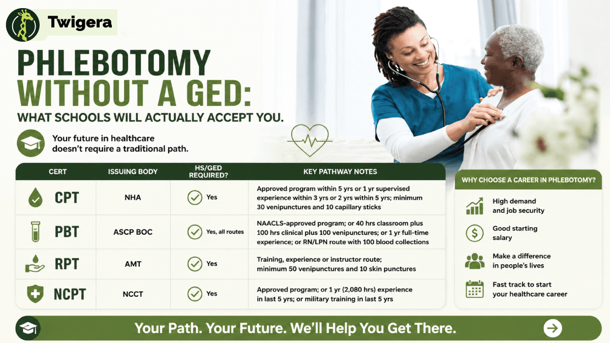 Can you become a dental assistant without a GED — Twigera infographic showing DANB CDA certification and state x-ray rules require a high school diploma or GED.