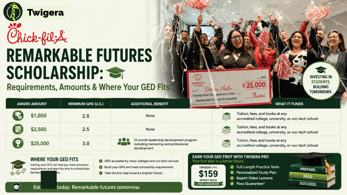 Chick-fil-A Remarkable Futures Scholarship explained — Twigera infographic on the $1,000 / $2,500 / $25,000 award tiers, GPA rules, and why a GED comes first.