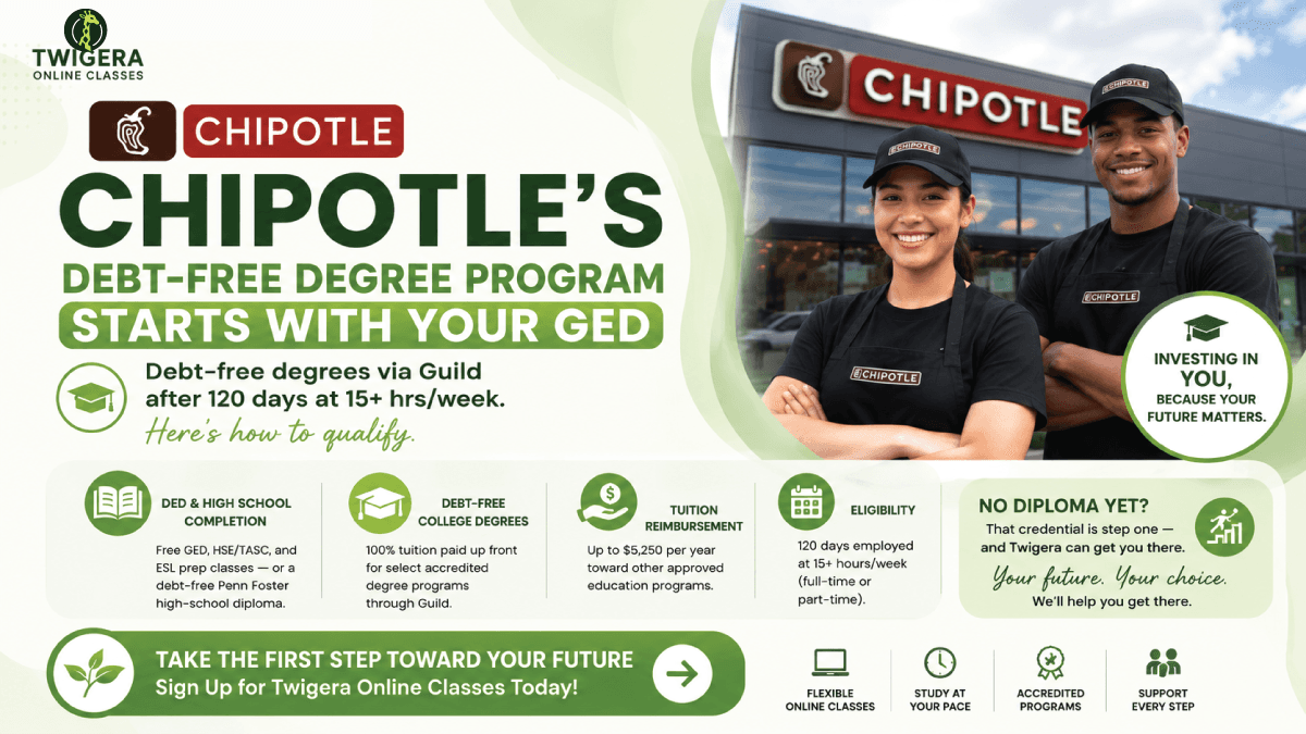 Does Chipotle pay for your GED — Twigera infographic on the Guild-powered Cultivate Education benefit, free GED prep, Penn Foster diploma, and debt-free degrees.
