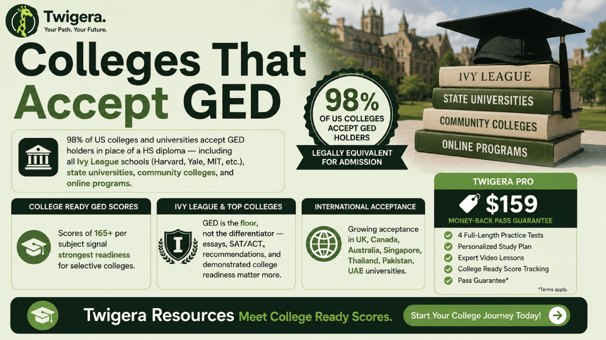 Colleges That Accept GED 2026 — Twigera infographic showing Ivy League, state, community, online, and international universities open to GED applicants.
