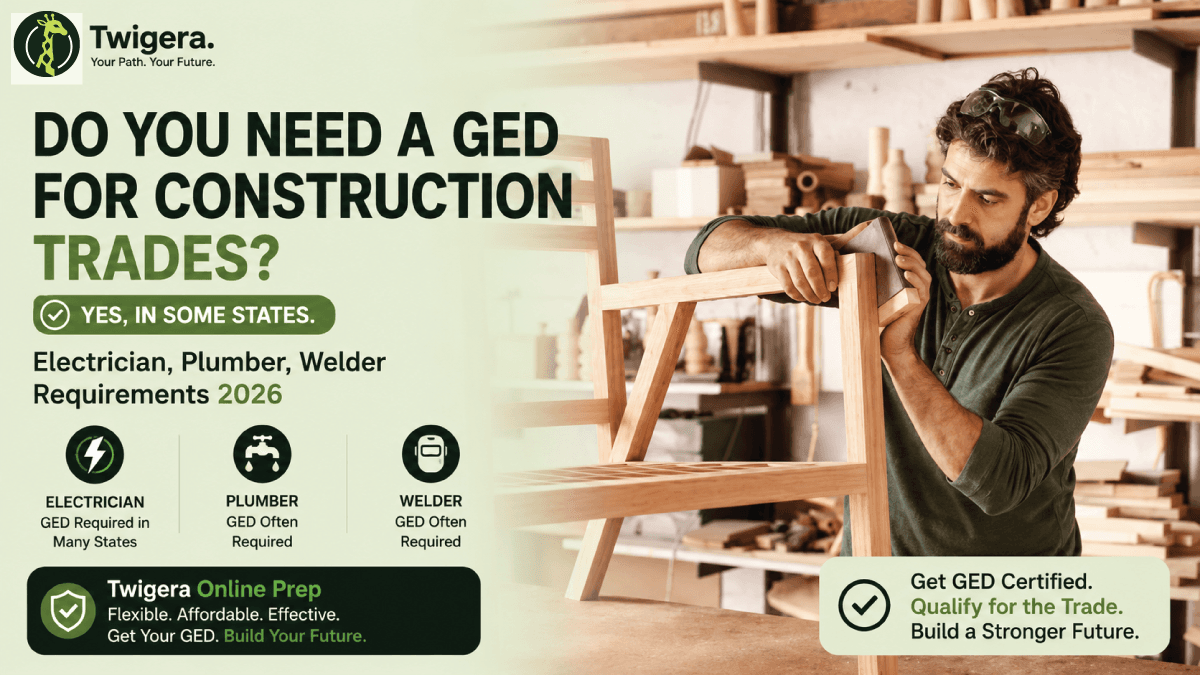 Twigera hero graphic asking 'Do You Need a GED for Construction Trades?' with the answer 'Yes for most apprenticeships' alongside construction trade icons: hardhat, wrench, welding torch.