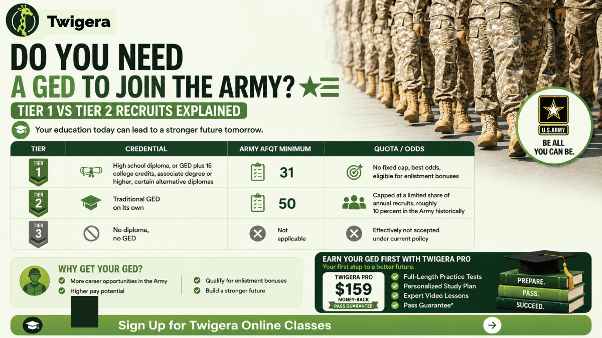 Do you need a GED to join the Army — Twigera infographic on the DoD tier system, AFQT 50 vs 31, the ~10% Tier 2 cap, and the 15-college-credit upgrade to Tier 1.