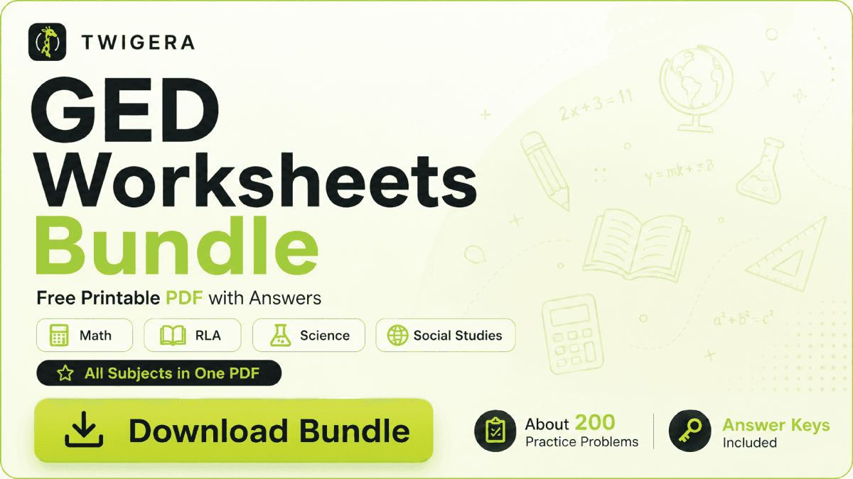 Free Printable GED Worksheets 2026 — Twigera infographic showing GED Math, RLA, Science, and Social Studies worksheet sets with answer keys.