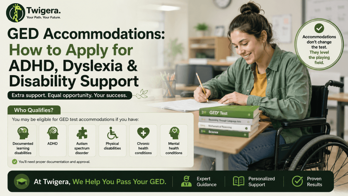 GED Accommodations 2026 — Twigera infographic showing approved supports for ADHD, dyslexia, autism, and disability under the ADA.