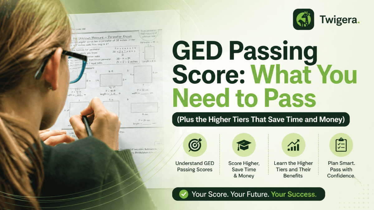 Twigera hero graphic "GED Passing Score: What You Need to Pass." Icons highlight passing-score basics, higher score tiers, saving time and money, and passing with confidence — over a photo of a student studying test papers.