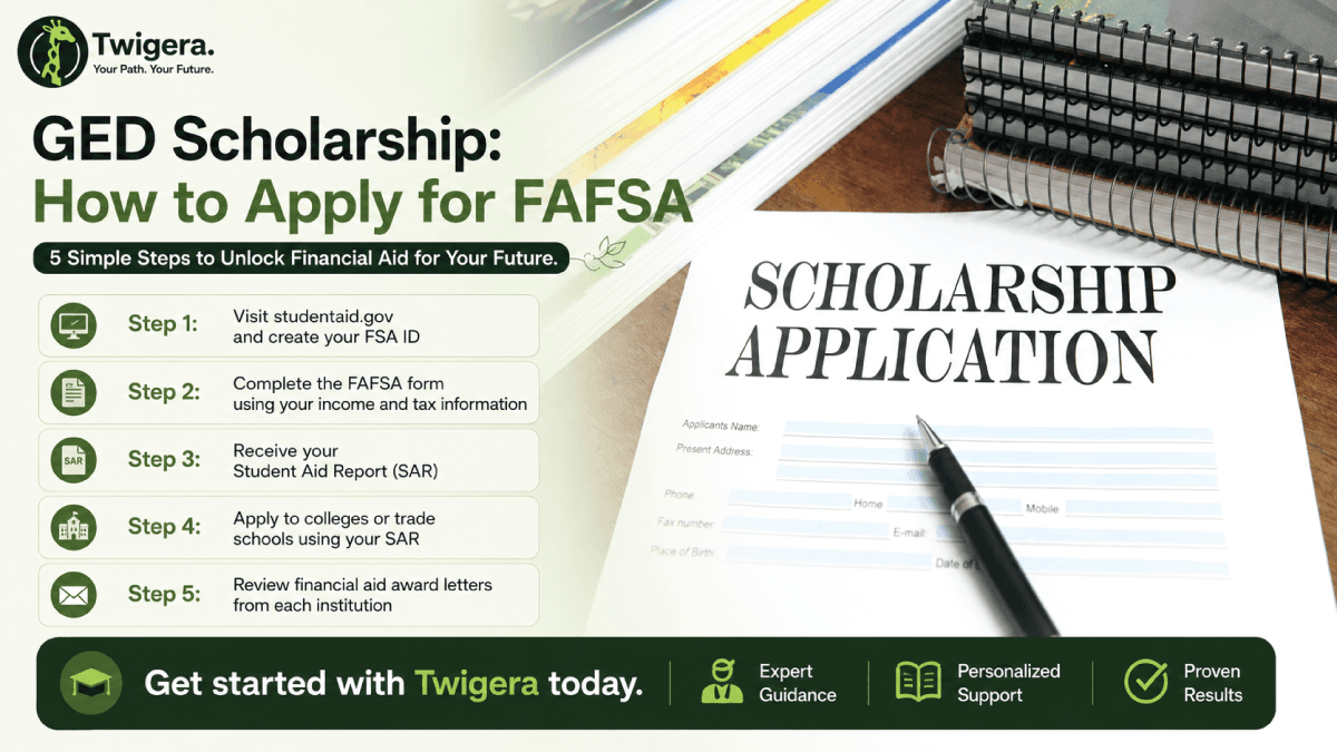 Twigera hero graphic 'GED Scholarship: How to Apply for FAFSA' — a scholarship application form and pen beside the five FAFSA steps, from creating an FSA ID to reviewing aid award letters.
