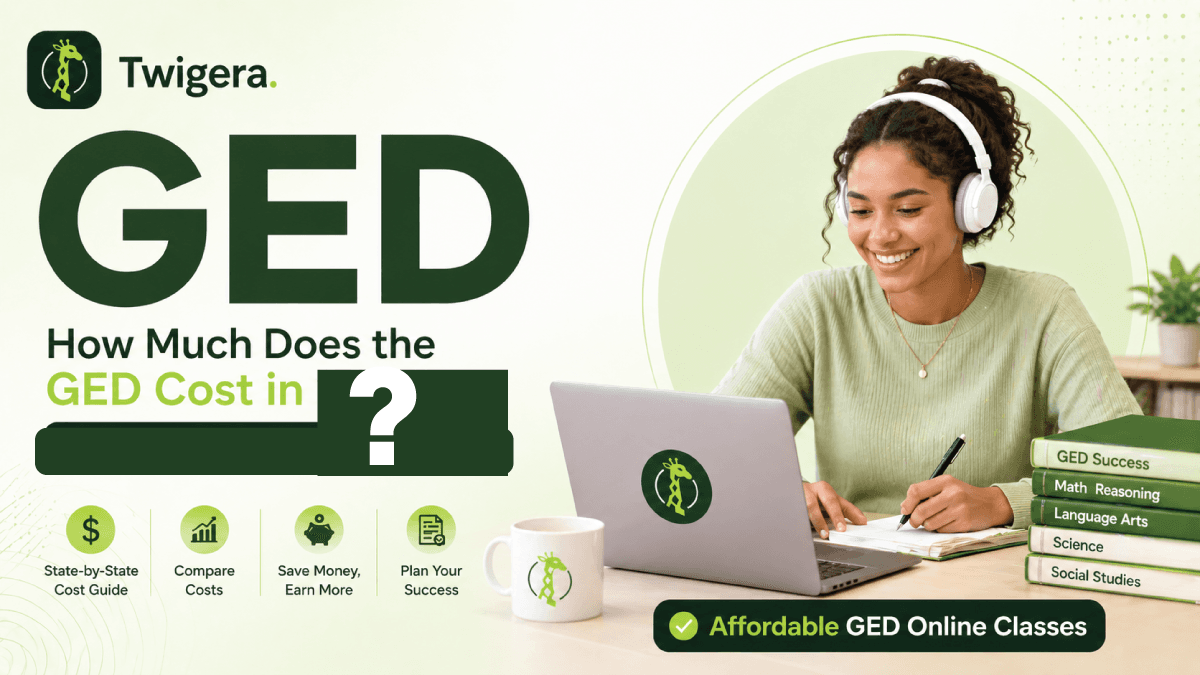 Twigera hero graphic "How Much Does the GED Cost?" comparing per-state pricing tiers — free, subsidized, standard, and premium — over a photo of an adult learner reviewing study materials at a desk.
