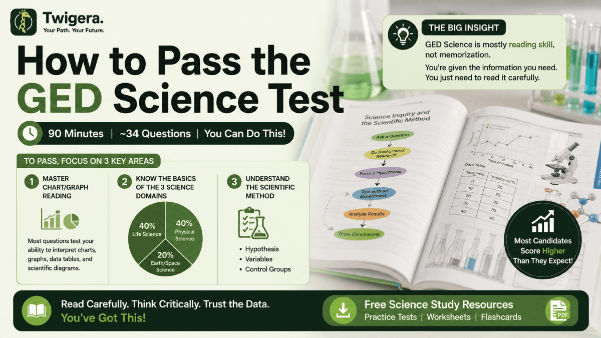 How to Pass the GED Science Test in 2026 — Twigera infographic showing chart-reading strategy and 90-minute time plan for the science section.