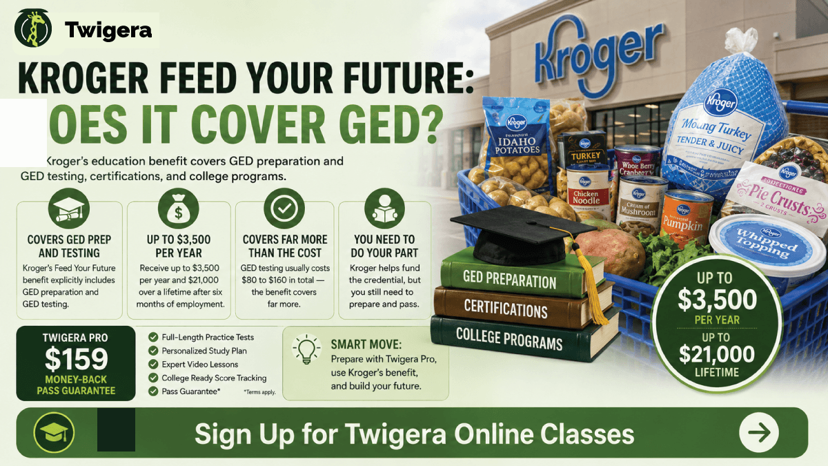 Kroger Feed Your Future and the GED — Twigera infographic on $3,500/year and $21,000 lifetime coverage, full- and part-time eligibility, and the six-month rule.