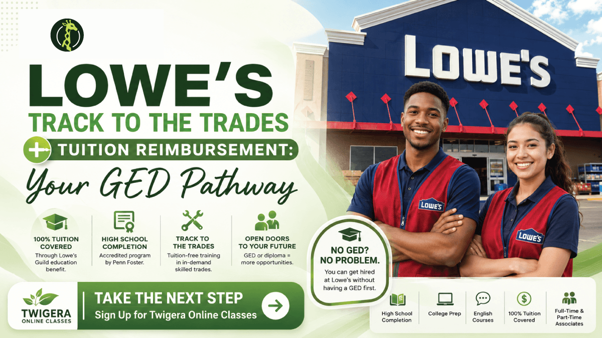 Lowe's Track to the Trades and tuition reimbursement explained — Twigera infographic on 100% Guild-funded high school completion, the GED route, and seven trade paths.