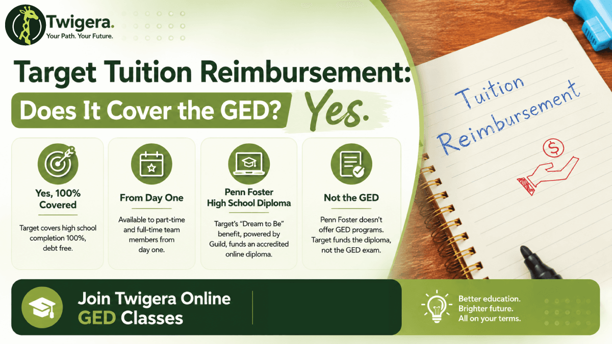 Target tuition reimbursement and the GED — Twigera explainer on Target's free Dream to Be Penn Foster diploma path versus the GED exam.
