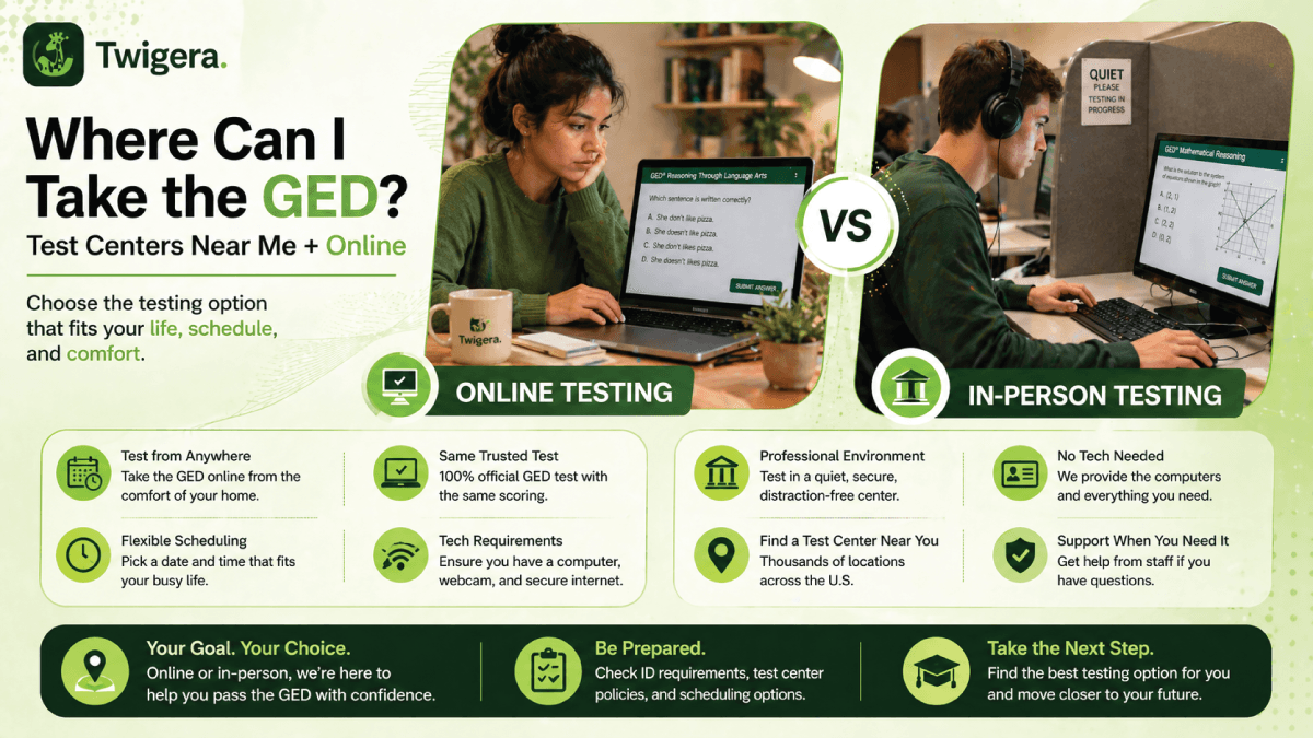 Twigera hero graphic "Where Can I Take the GED?" comparing the in-person Pearson VUE test-center option with the online OnVUE option, over a photo of an adult learner reviewing materials at a desk.