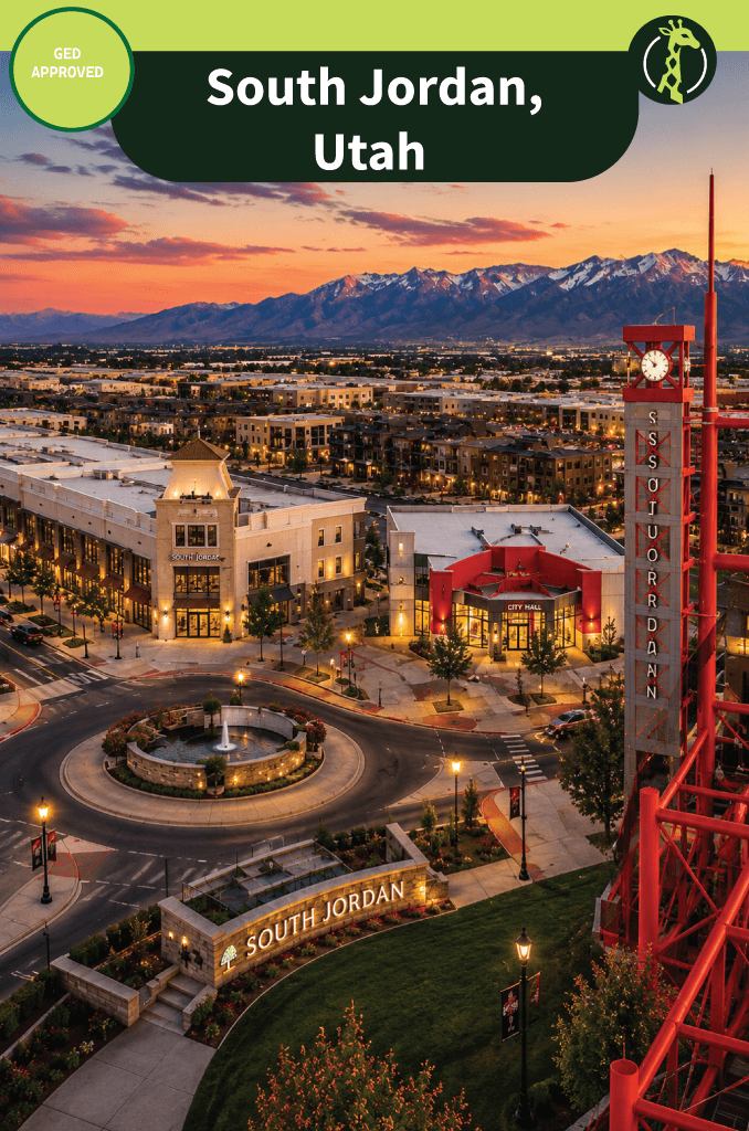 The Daybreak community and Oquirrh Lake in South Jordan, Utah, with the Oquirrh Mountains beyond.