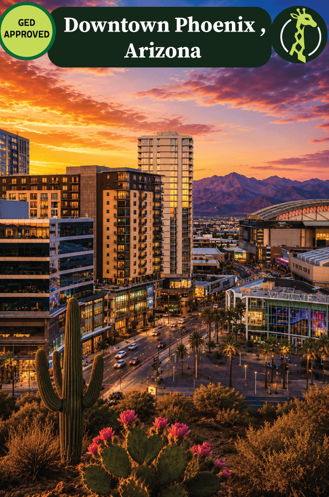 The Phoenix, Arizona skyline at dusk with desert mountains behind it.