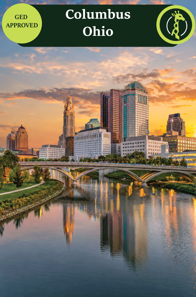 The Columbus, Ohio skyline at dusk over the Scioto River.