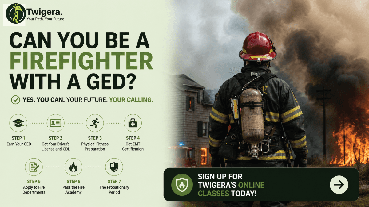 Twigera hero graphic asking 'Can You Be a Firefighter with a GED?' with the answer 'Yes — most US fire departments accept it' alongside firefighter helmet, ladder, and hose icons.