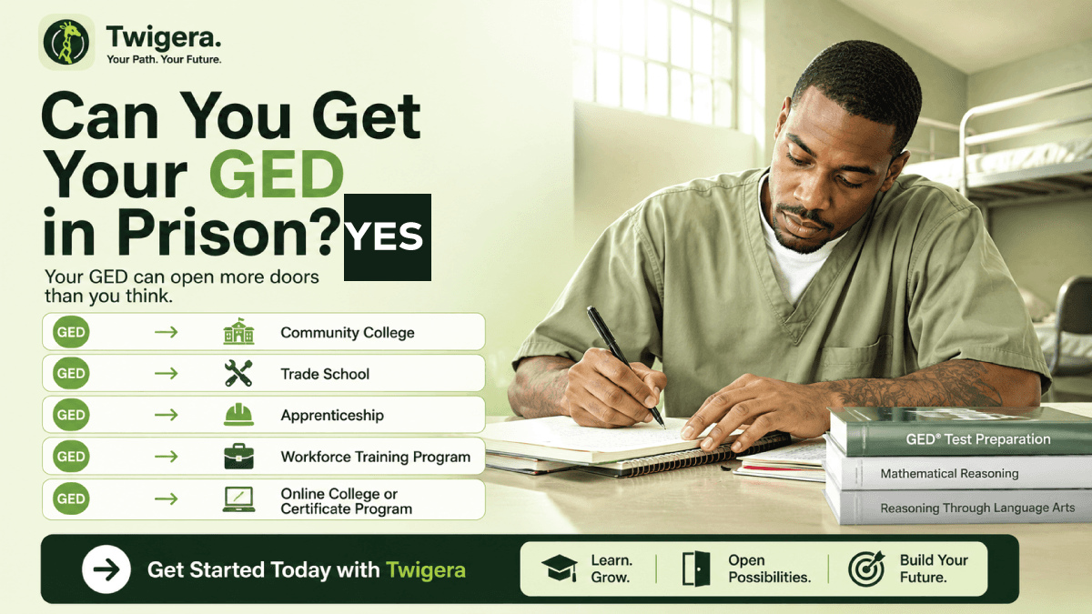 Twigera hero graphic 'Can You Get Your GED in Prison? Yes' — a man studying at a desk beside a list of post-GED pathways: community college, trade school, workforce training, and online college.