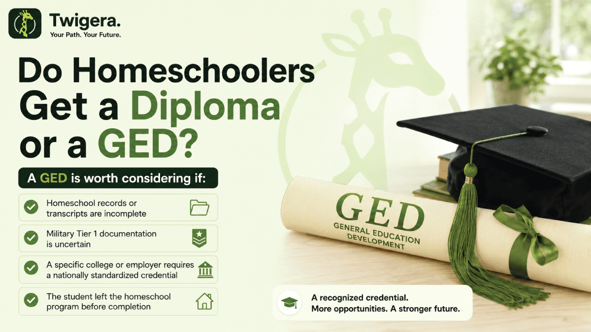 Twigera hero graphic 'Do Homeschoolers Get a Diploma or a GED?' — a graduation cap on a GED certificate beside cases where a GED helps: incomplete records, military documentation, or college needs.