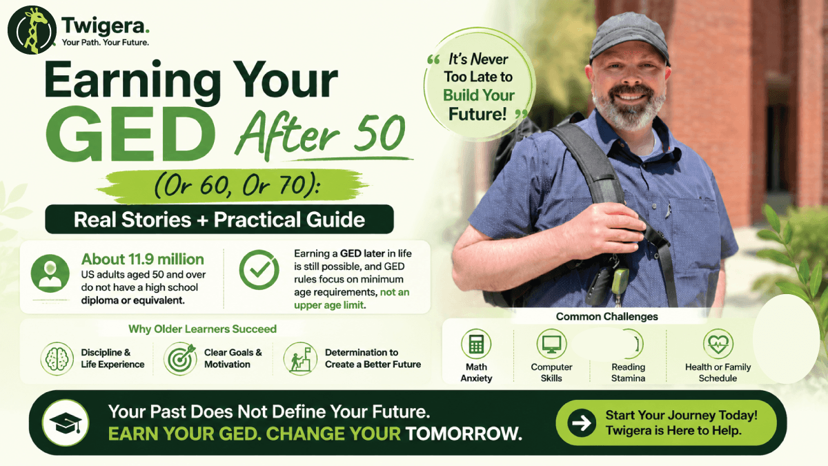 Twigera hero graphic 'GED for Older Adults' showing an older learner at a laptop beside three steps: take a diagnostic, study one subject at a time, and pass the GED after 50.