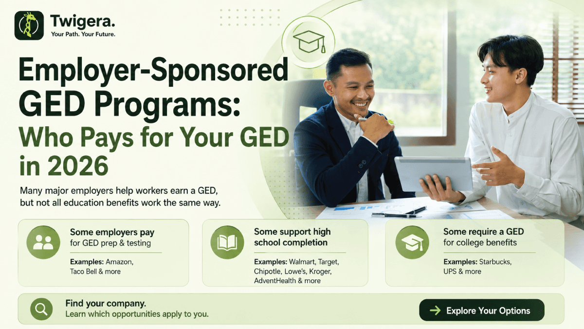 Employer-sponsored GED programs — Twigera comparison of which companies fund GED prep and testing versus college-only education benefits.
