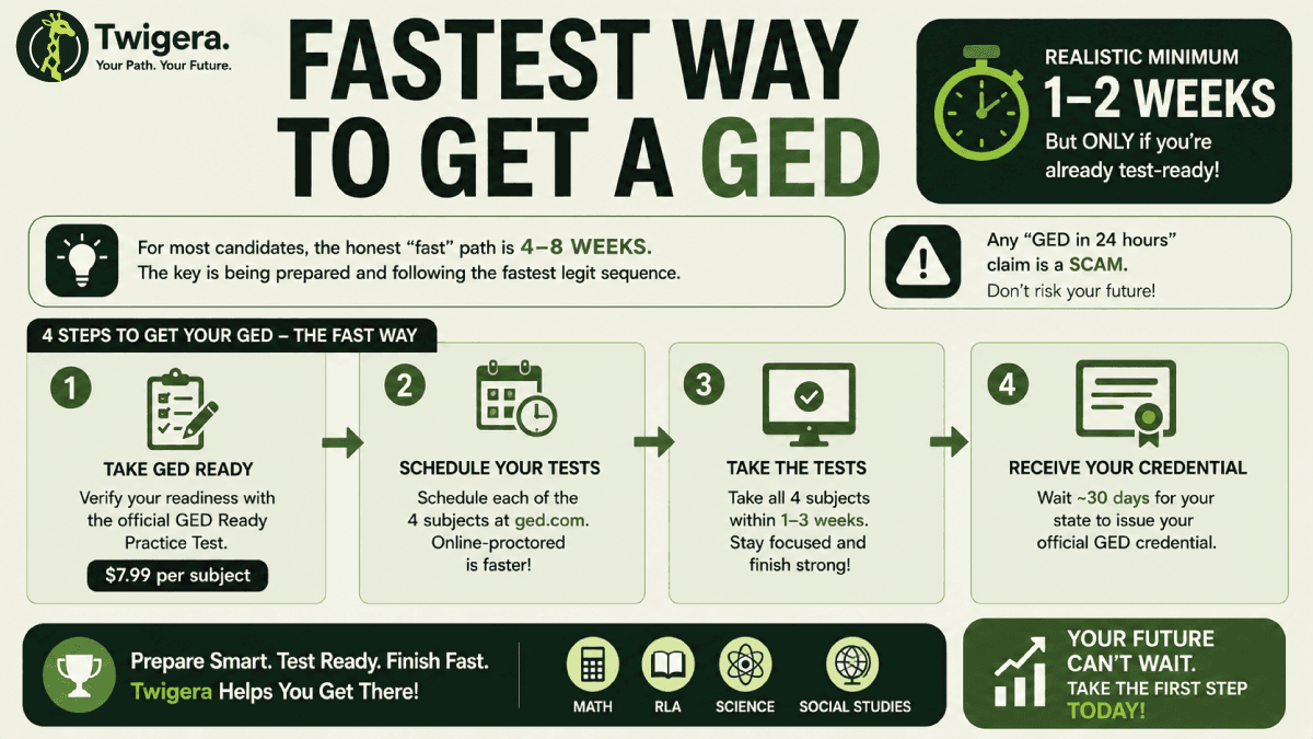 Twigera hero graphic asking 'Fastest Way to Get a GED?' with the honest answer '1–2 weeks if already test-ready · 4–8 weeks for most' alongside calendar, clock, and laptop icons.
