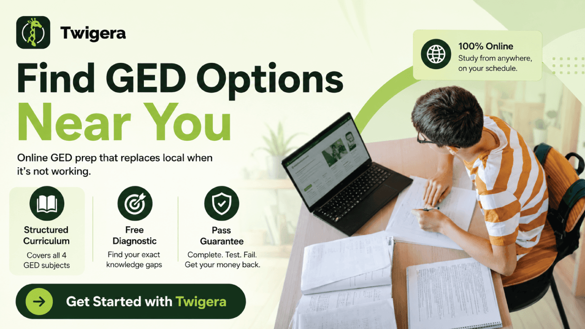 Twigera hero graphic 'Find GED Options Near You' — a laptop and study books highlighting online GED prep: structured curriculum, free diagnostic, and a Pass Guarantee, studied from anywhere.