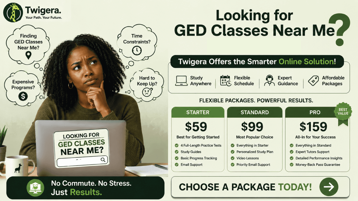 Twigera hero graphic titled 'GED Classes Near Me' with a map pin icon and the words 'Free local + honest online options' alongside icons representing libraries, community colleges, and laptops.