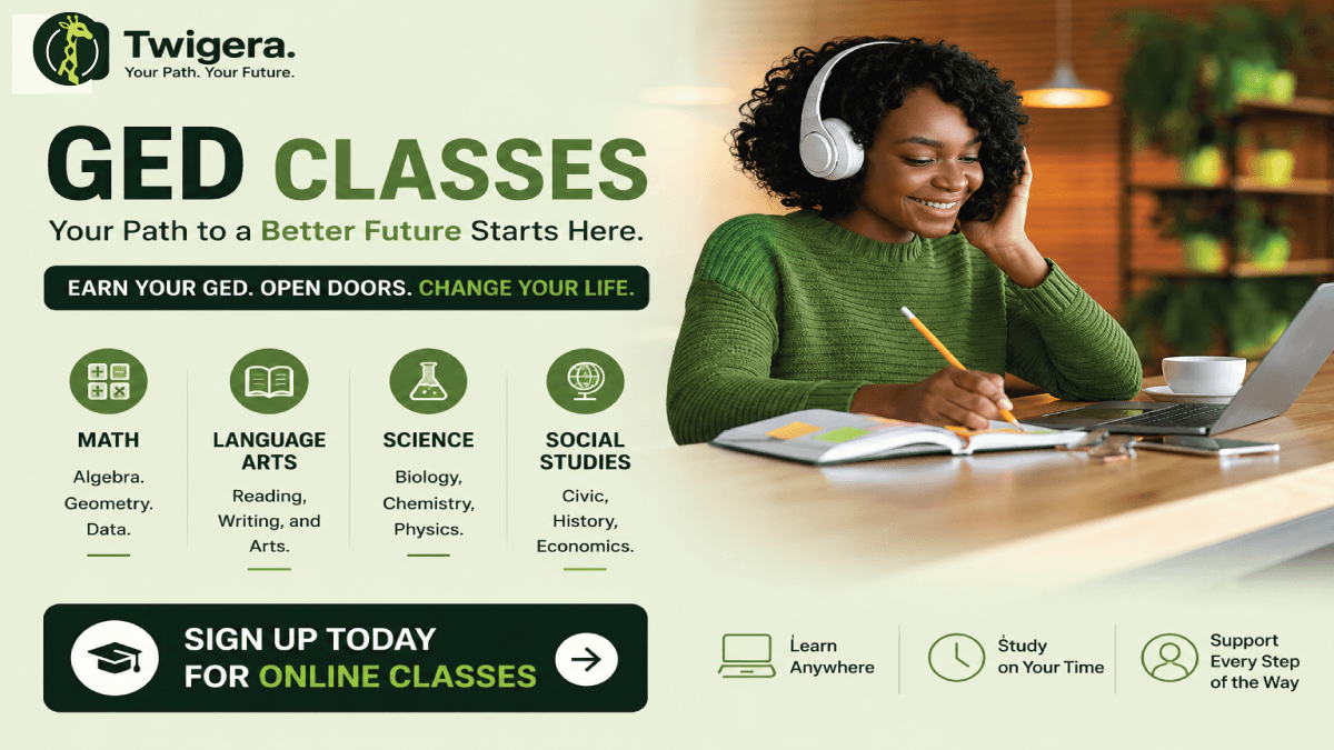 Twigera hero graphic for 'GED Classes' showing three paths — a classroom icon for free local programs, a laptop icon for online prep, and a one-on-one tutor icon — each labeled with typical cost.