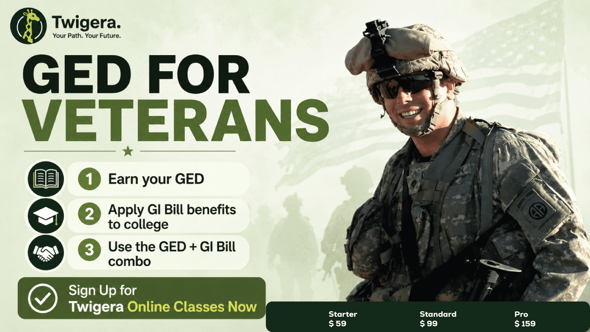 Twigera hero graphic 'GED for Veterans' showing a service member in uniform beside three steps: earn your GED, apply GI Bill benefits to college, and use the GED and GI Bill combo.