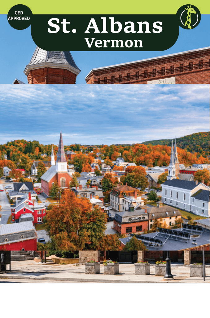 Taylor Park and the historic storefronts of downtown St. Albans, Vermont, in spring.
