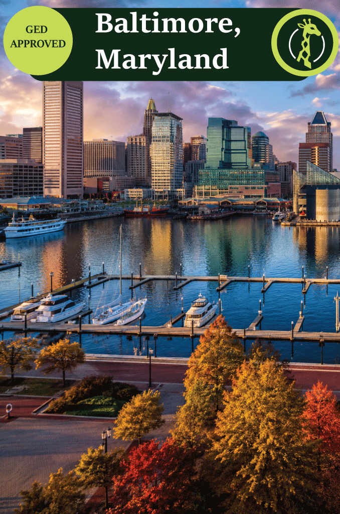 The Baltimore Inner Harbor skyline at dusk, viewed across the water.