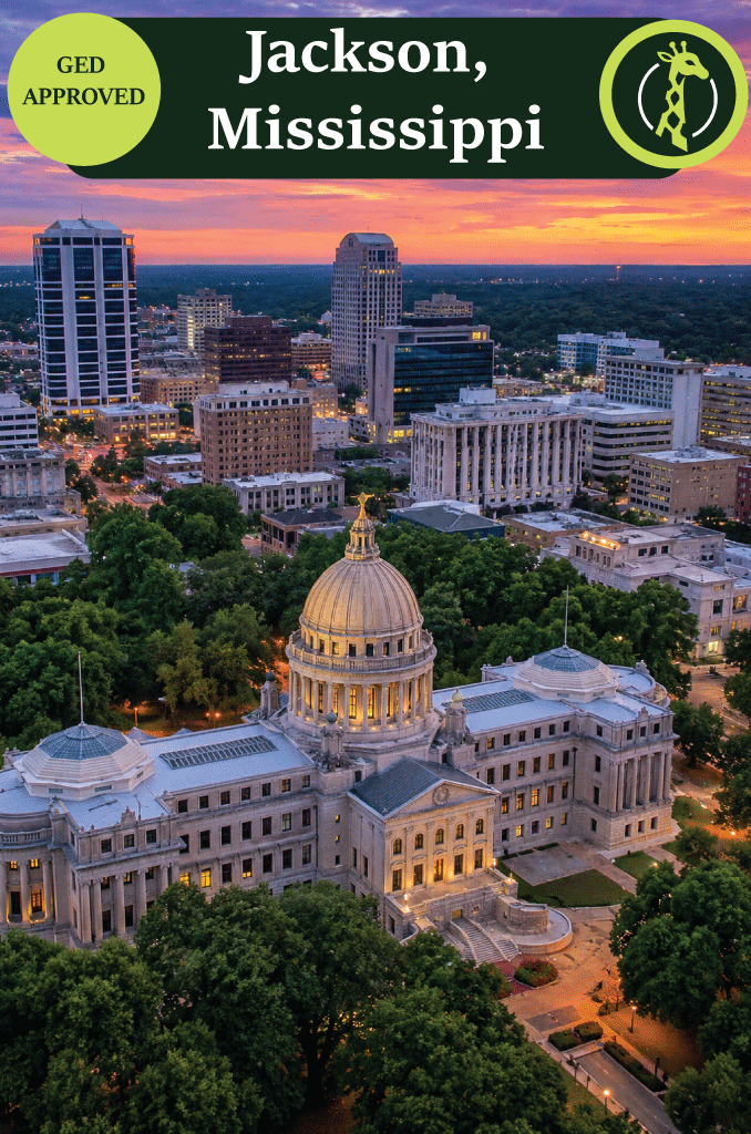 The Mississippi State Capitol in Jackson at dusk.