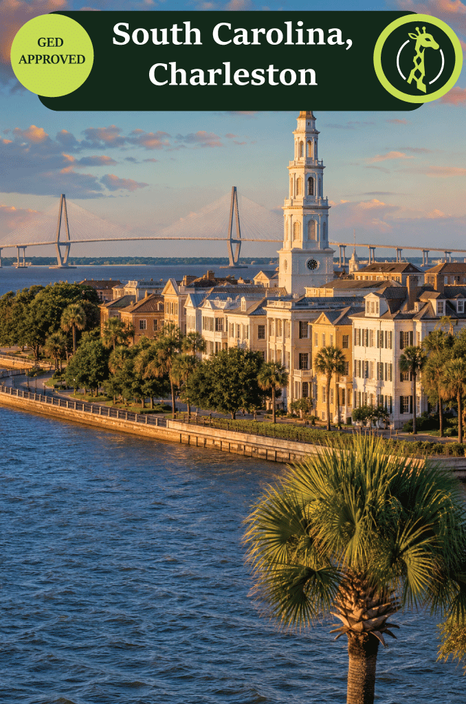 The Charleston, South Carolina waterfront at dusk.