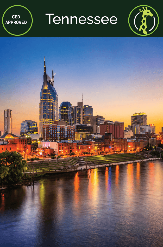 The Nashville, Tennessee skyline at dusk over the Cumberland River.